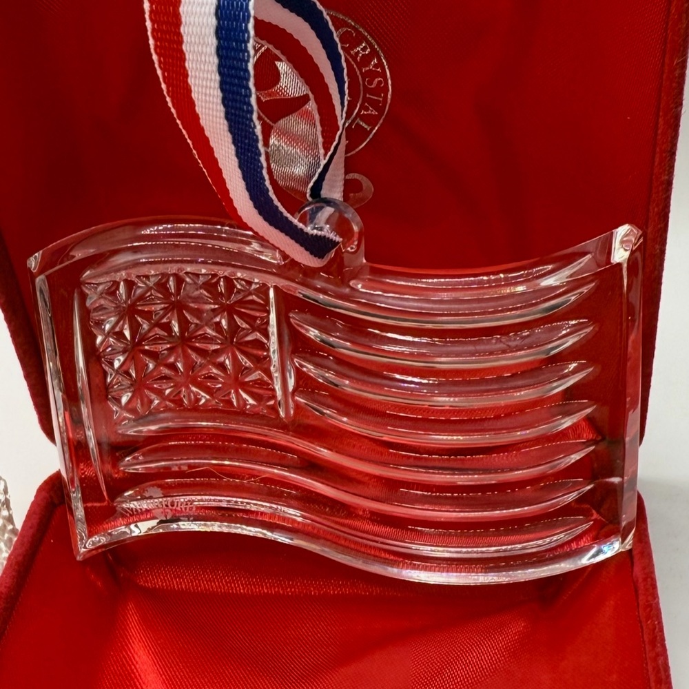 Waterford Crystal Flag Ornament with Red, White, and Blue Ribbon